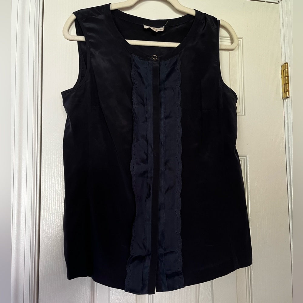 Tory Burch 100% Merino Silk Navy Blue Sleeveless Blouse Top Size 10